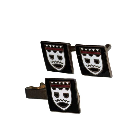 MCM Swank Tribal Face Suit Cuff Links & Tie Clip Vintage Set - Picture 3 of 8